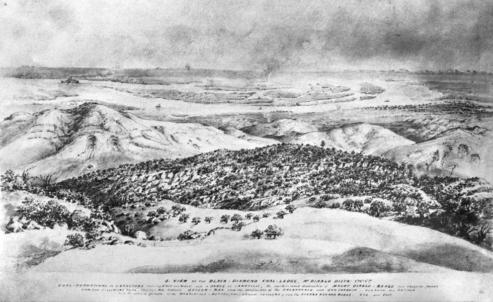 Engraving from the hills behind Nortonville, California, looking toward Black Diamond Landing, California