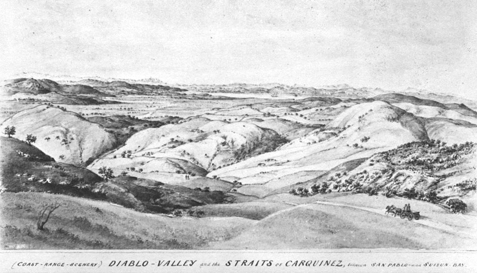 1870 engraving from the hills behind Nortonville, California, looking toward Clayton, California