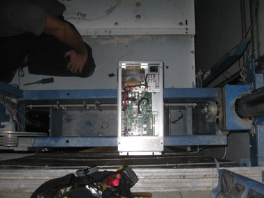 Electronics in panel above the elevator car.