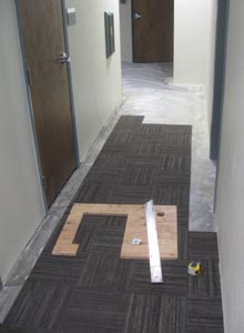 Carpet tiles are installed in the downstairs common area hallway.